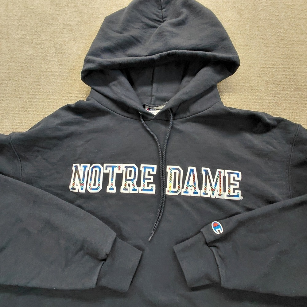 Champion‎ Notre Dame Mens XL Plaid Patch Spellout Heavyweight Navy Blue Hoodie